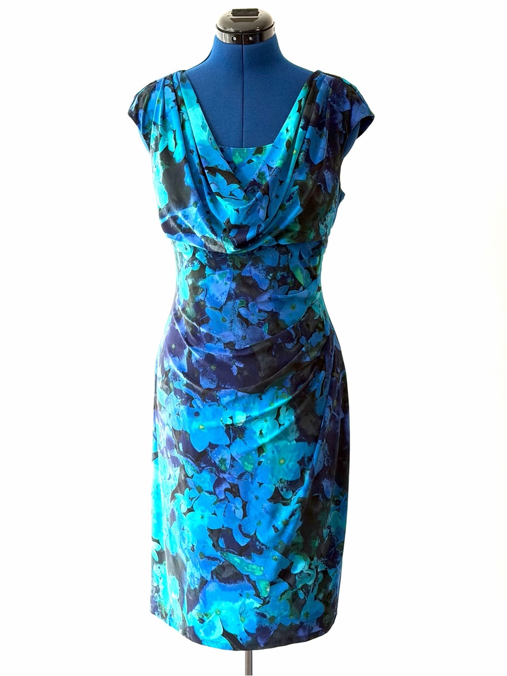 Ralph Lauren Blue & Teal Floral Cowl-Neck Dress - XL